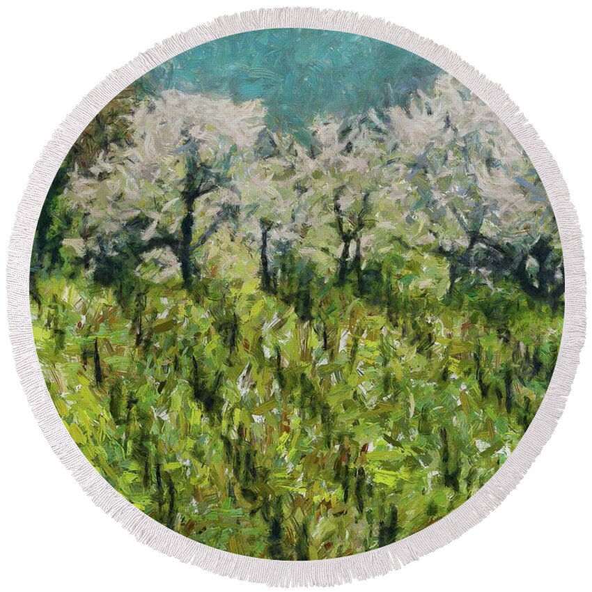 Vineyard Round Beach Towel featuring the painting Blossoming Cherries by Dragica Micki Fortuna