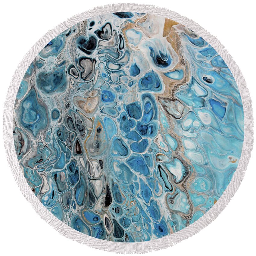 Blue Round Beach Towel featuring the painting Blue and Gold Patterns by Marilyn Young