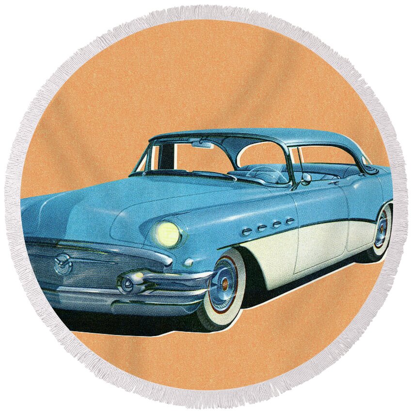 Auto Round Beach Towel featuring the drawing Blue and White Vintage Car by CSA Images