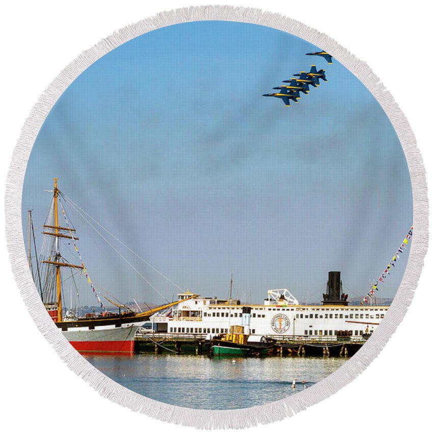 Blue Angels Round Beach Towel featuring the photograph Blue Angel Formation Over Maritime Park by Bonnie Follett