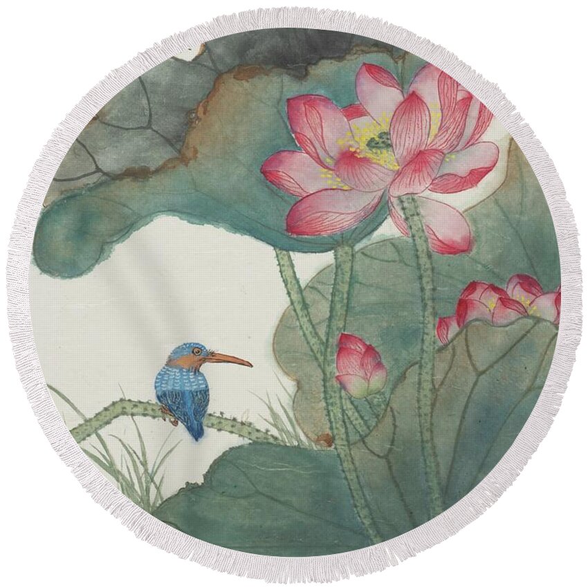 Chinese Watercolor Round Beach Towel featuring the painting Jade Bird and Lotus Flowers by Jenny Sanders