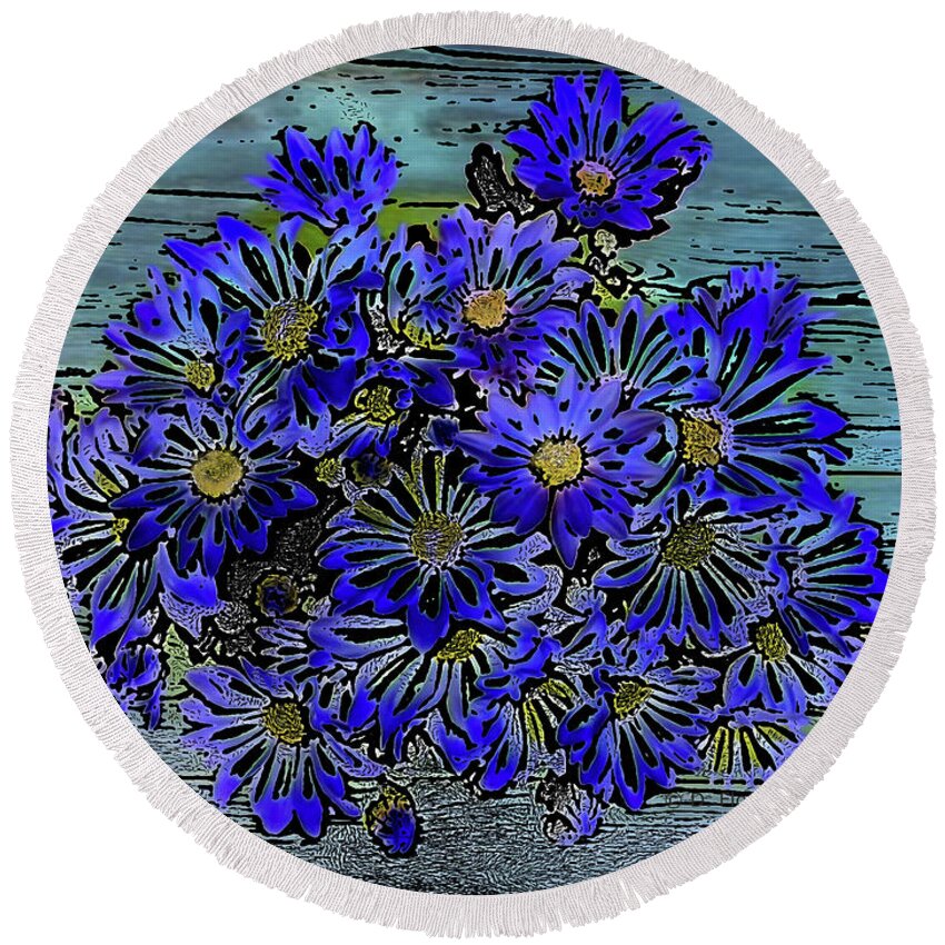 Blue Round Beach Towel featuring the digital art Blue Daisies by Dee Flouton
