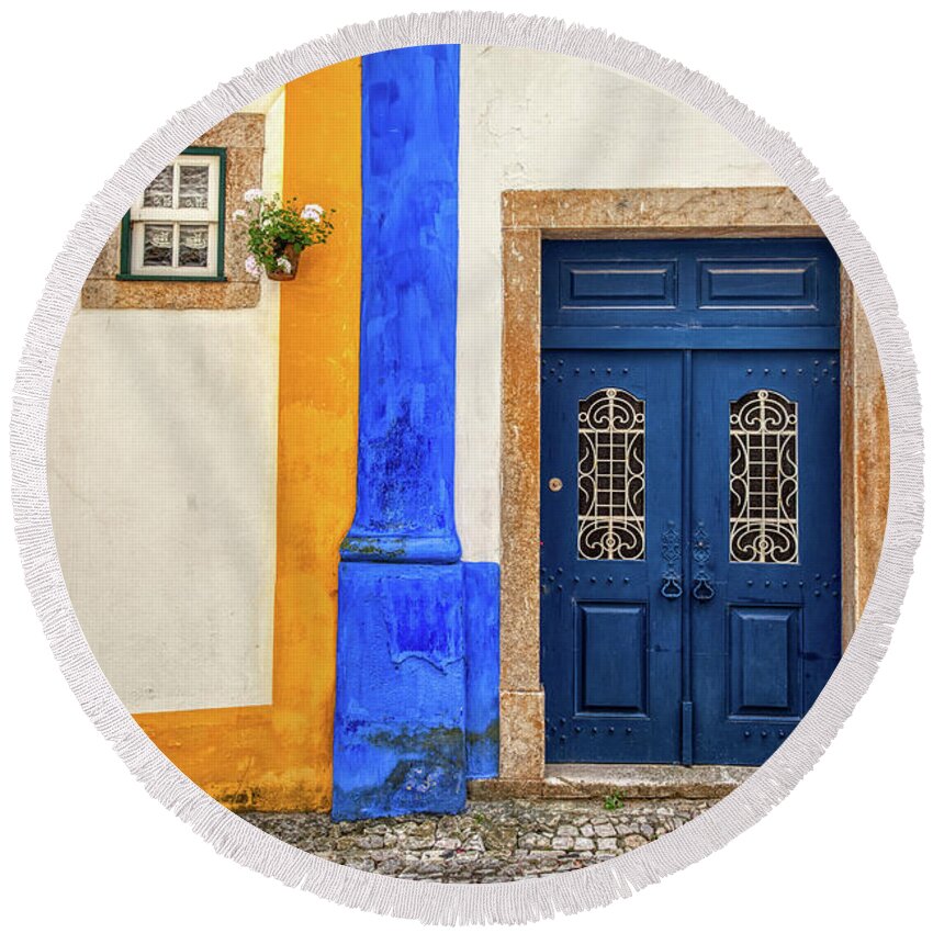 Medieval Round Beach Towel featuring the photograph Blue Door of Medieval Portugal by David Letts