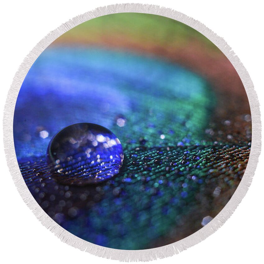 Macro Round Beach Towel featuring the photograph Blue Drop by Michelle Wermuth