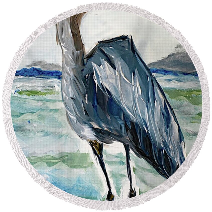 Heron Round Beach Towel featuring the painting Blue Heron by Roxy Rich