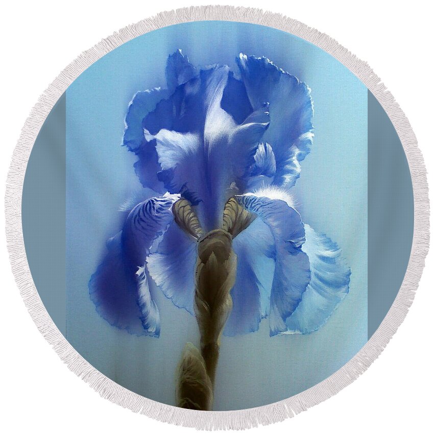 Russian Artists New Wave Round Beach Towel featuring the painting Blue Iris Flower by Alina Oseeva