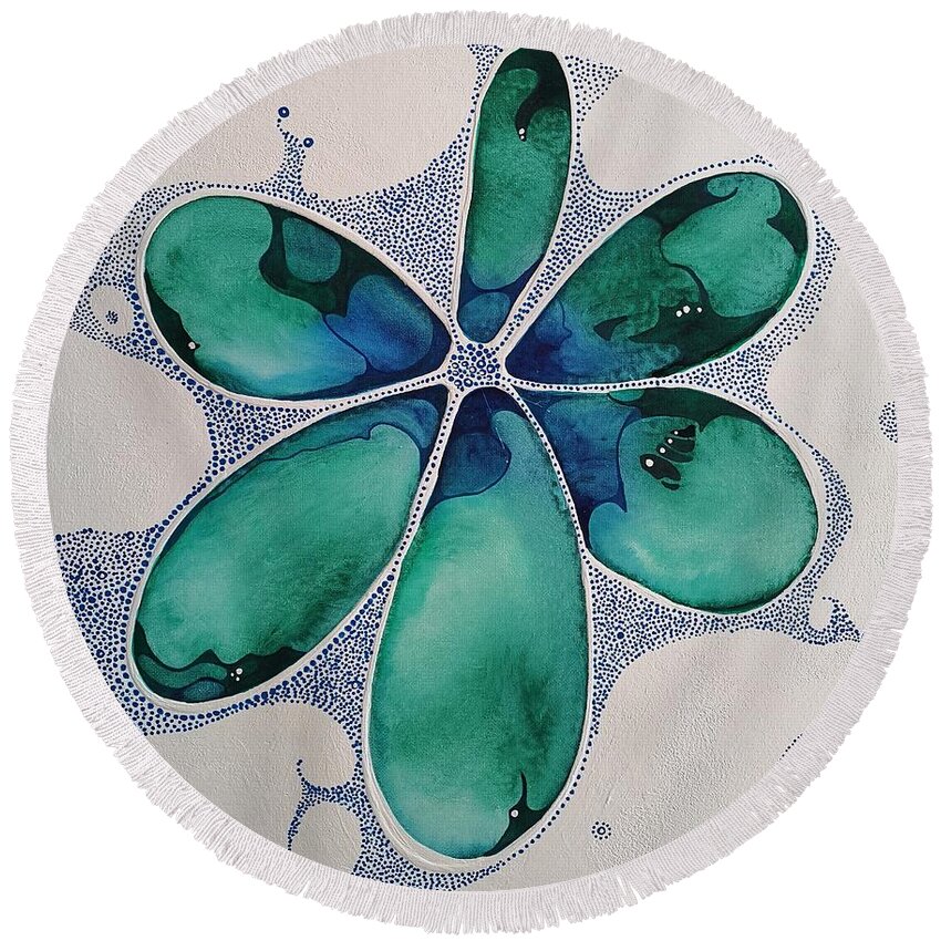 Pat Purdy Round Beach Towel featuring the painting Blue Lace by Pat Purdy