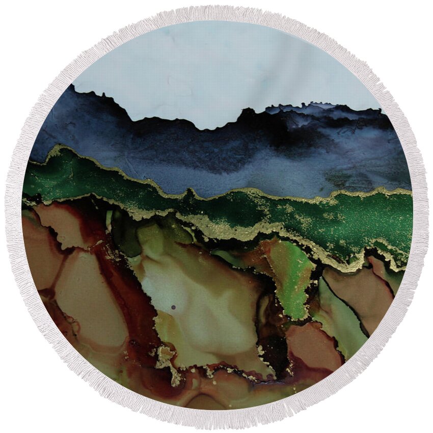 Blue Round Beach Towel featuring the painting Blue Mountains I by Jenny Armitage