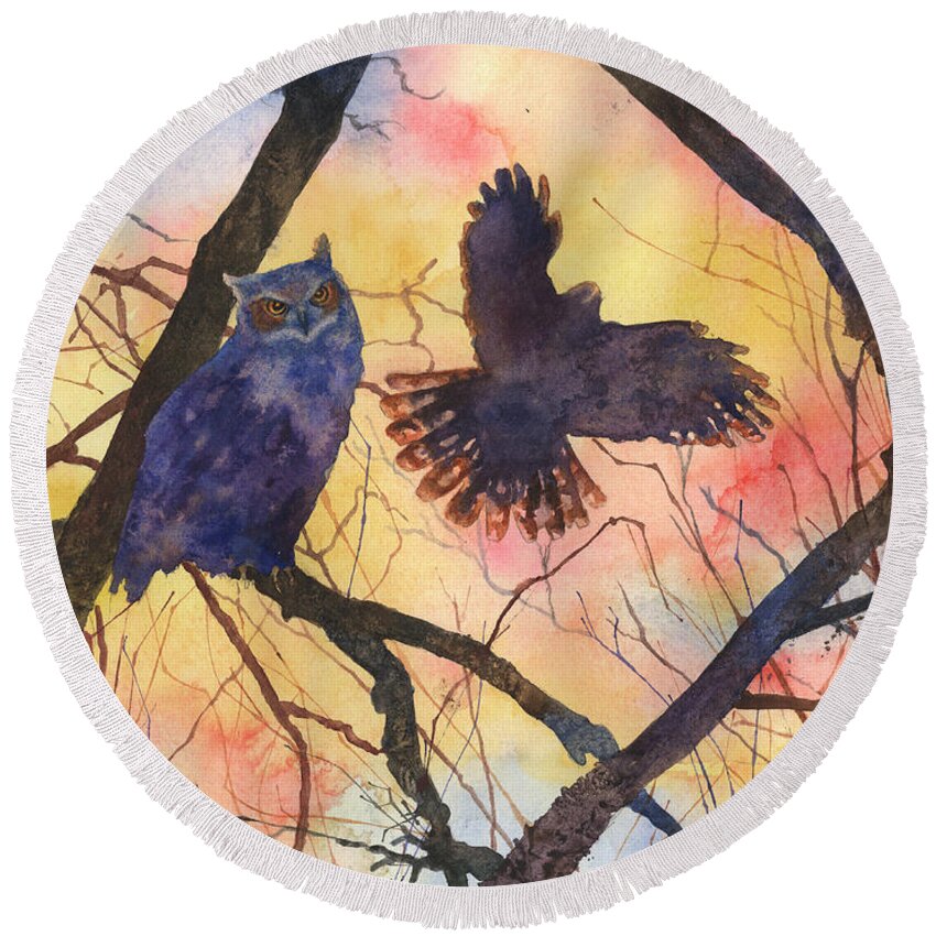Owl Painting Round Beach Towel featuring the painting Blue Owl by Anne Gifford