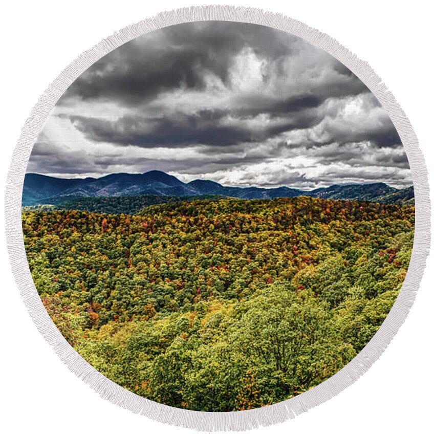 Blue Round Beach Towel featuring the photograph Blue Ridge And Smoky Mountains Changing Color In Fall by Alex Grichenko