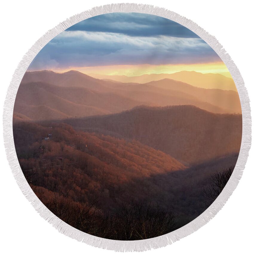 Landscape Round Beach Towel featuring the photograph Blue Ridge Parkway Asheville NC Light Over The Ridges by Robert Stephens