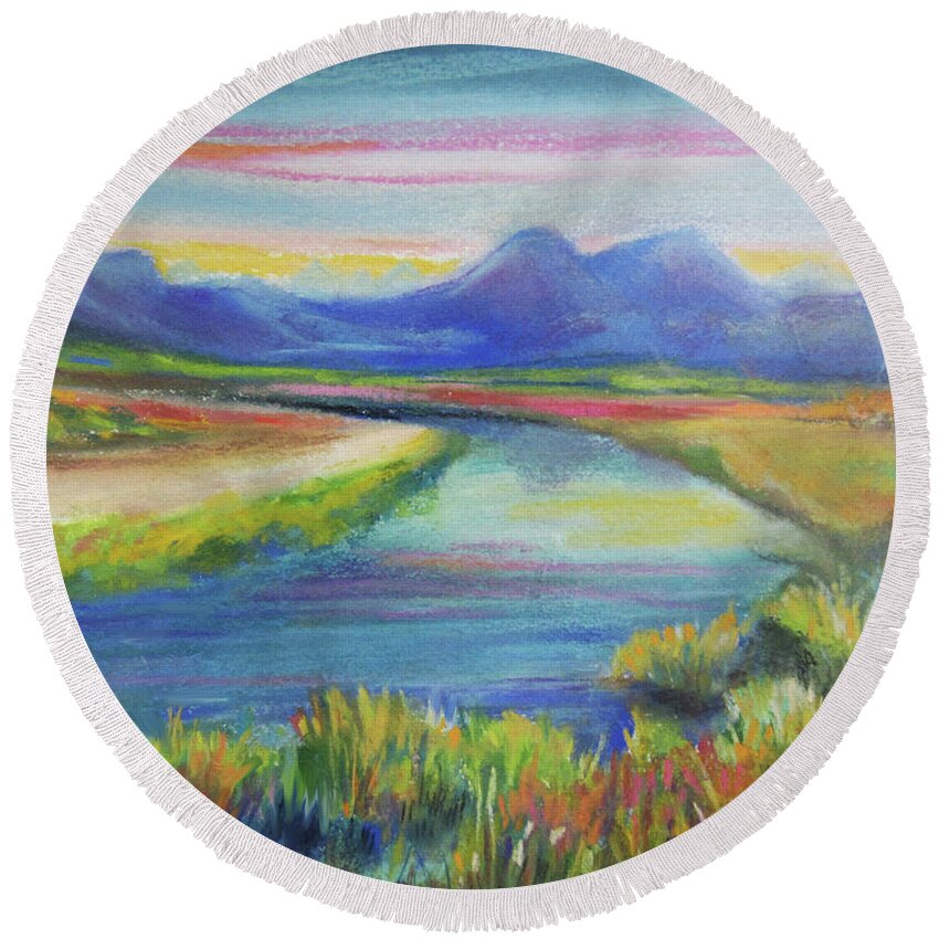 Colorful Landscape Round Beach Towel featuring the pastel Blue River by Jean Batzell Fitzgerald