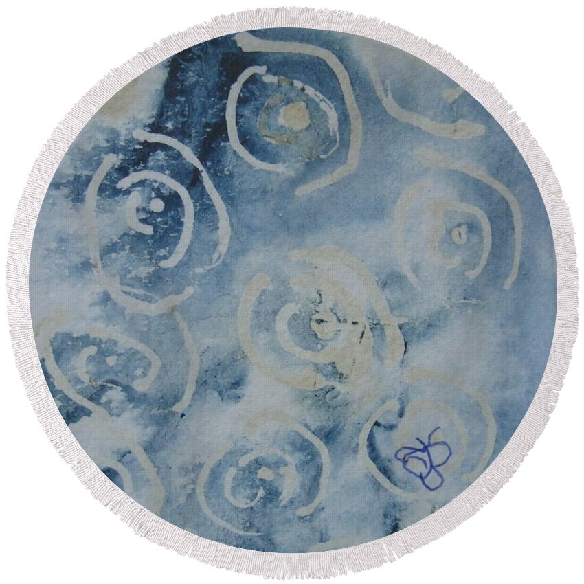 Blue Round Beach Towel featuring the drawing Blue Spirals by AJ Brown
