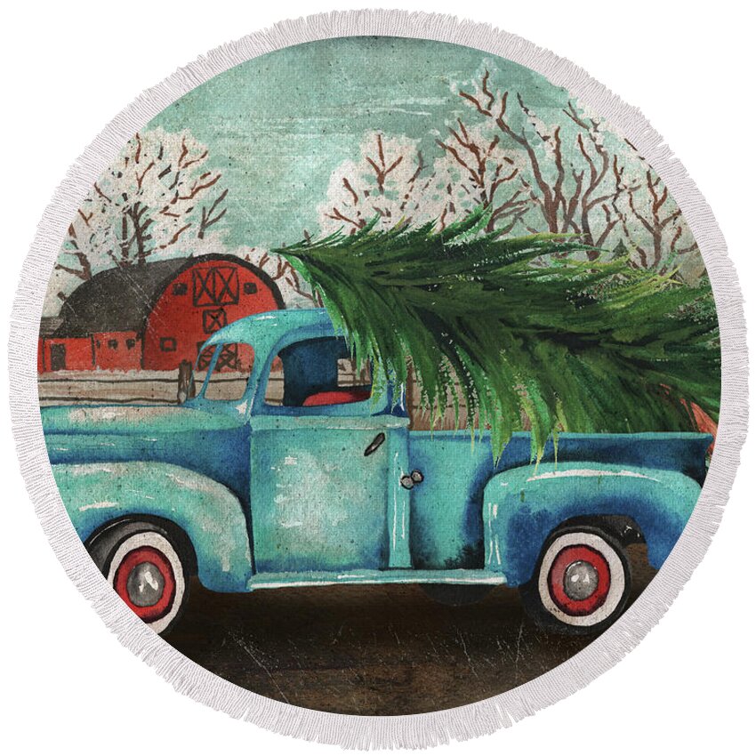 Blue Round Beach Towel featuring the mixed media Blue Truck And Tree I by Elizabeth Medley