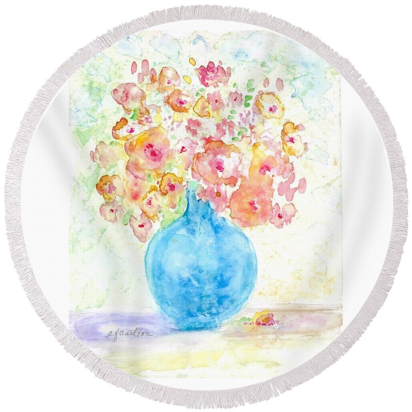 Blue Round Beach Towel featuring the painting Blue Vase with Flowers by Claudette Carlton