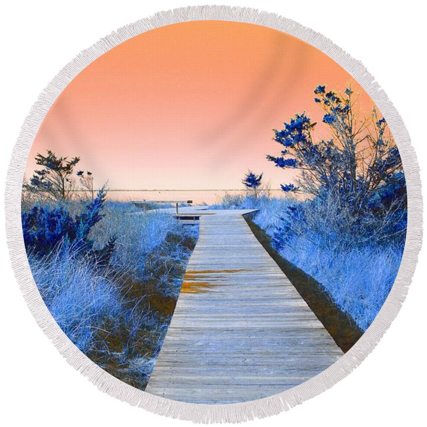 Boardwalk Round Beach Towel featuring the mixed media Boardwalk to the Bay by Stacie Siemsen