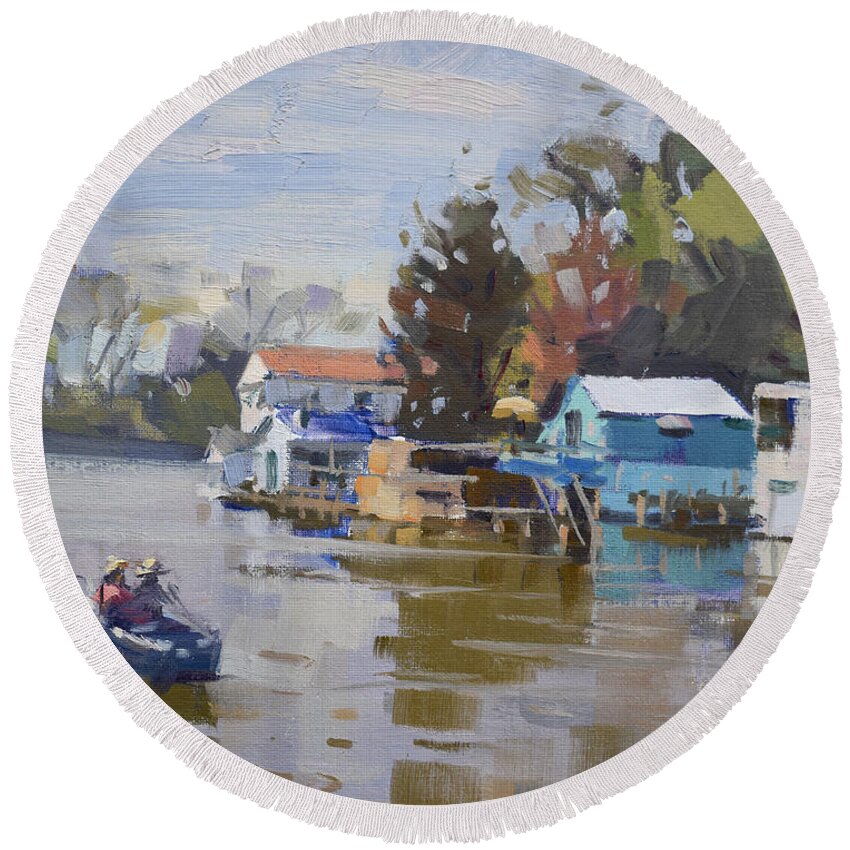 Boathouses Round Beach Towel featuring the painting Boathouses at North Tonawanda Canal by Ylli Haruni