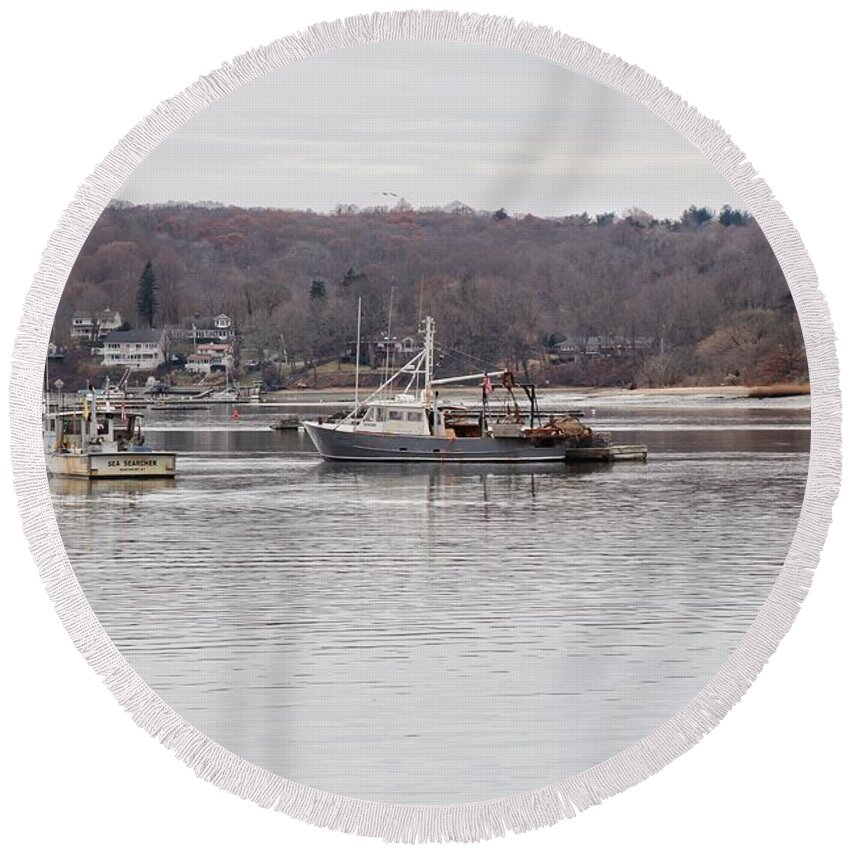 Boats Round Beach Towel featuring the photograph Boats at Northport Harbor by Susan Jensen