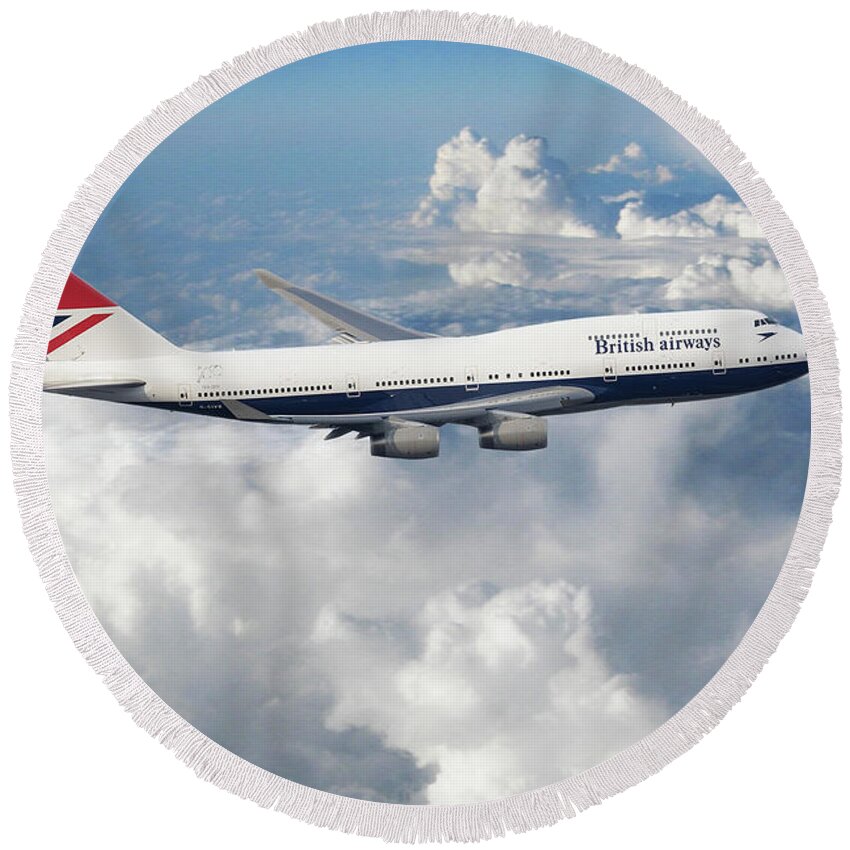 British Airways Boeing 747 Round Beach Towel featuring the digital art Boeing 747-436 G-CIVB by Airpower Art