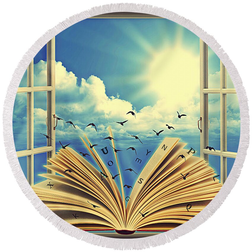 Book Round Beach Towel featuring the digital art Books as a Window to the World by Binka Kirova