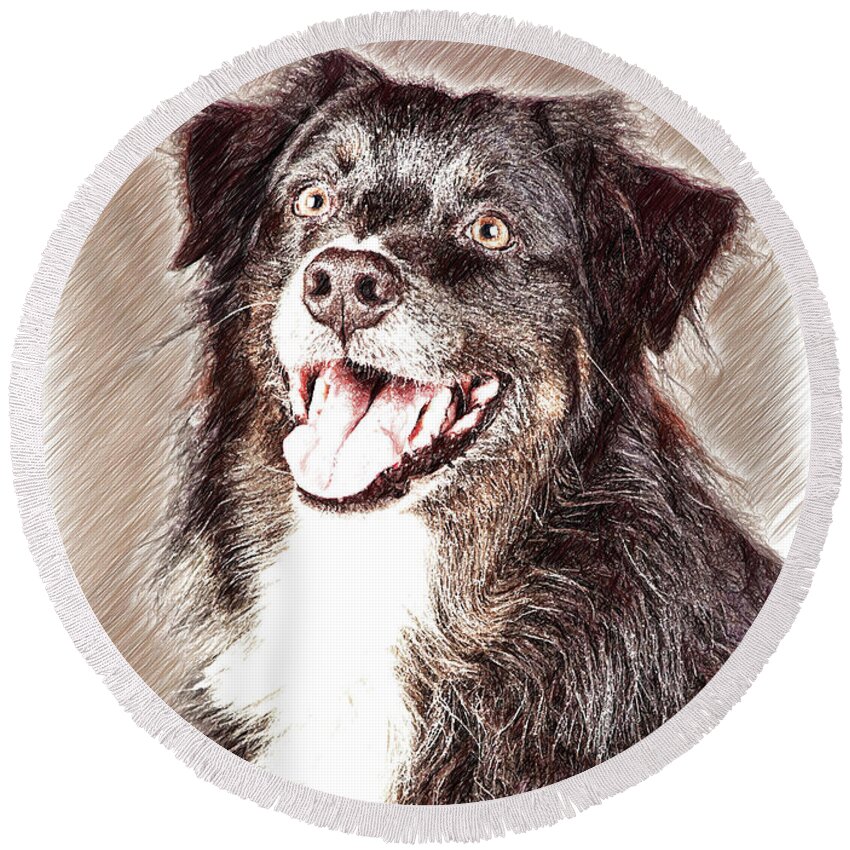 Portrait Round Beach Towel featuring the drawing Border Collie - DWP220938 by Dean Wittle