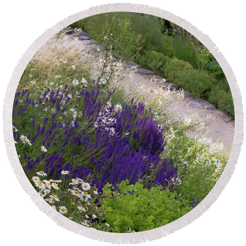 Jenny Rainbow Fine Art Photography Round Beach Towel featuring the photograph Border of Mixed Summer Flowers 1 by Jenny Rainbow