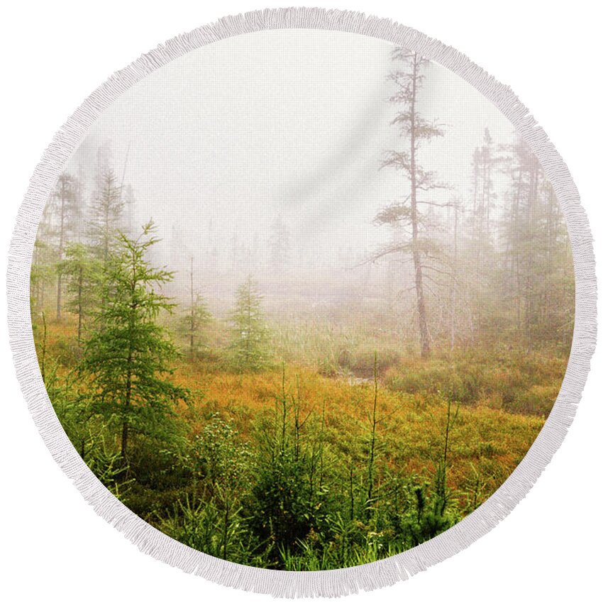 Autumn Round Beach Towel featuring the photograph Boreal On County Road 7 by Cynthia Dickinson
