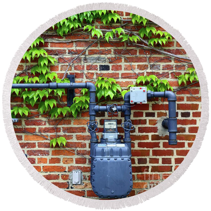 Boston Ivy Round Beach Towel featuring the photograph Boston Ivy and Gas Meter by James Brunker