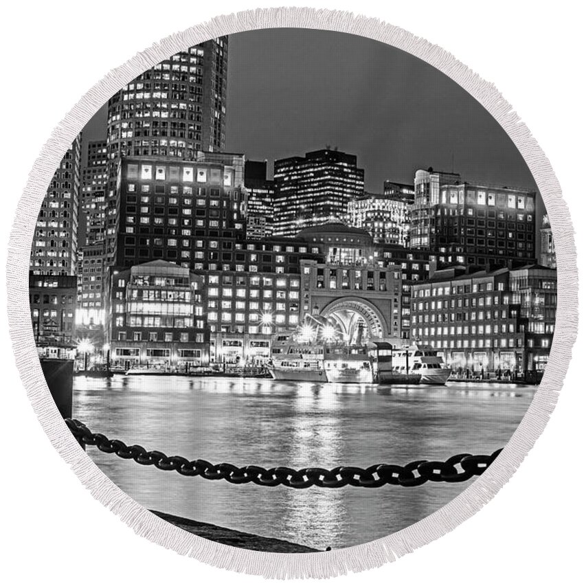 Boston Round Beach Towel featuring the photograph Boston Waterfront in Red White and Blue Boston MA Black and White by Toby McGuire