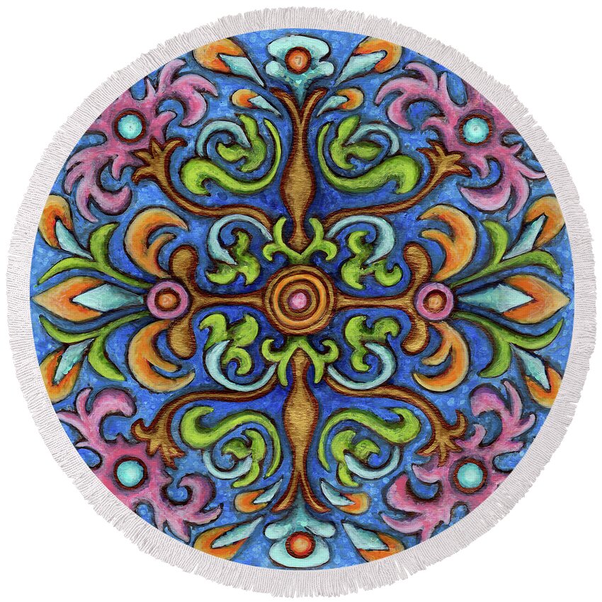 Ornamental Round Beach Towel featuring the painting Botanical Mandala 2 by Amy E Fraser