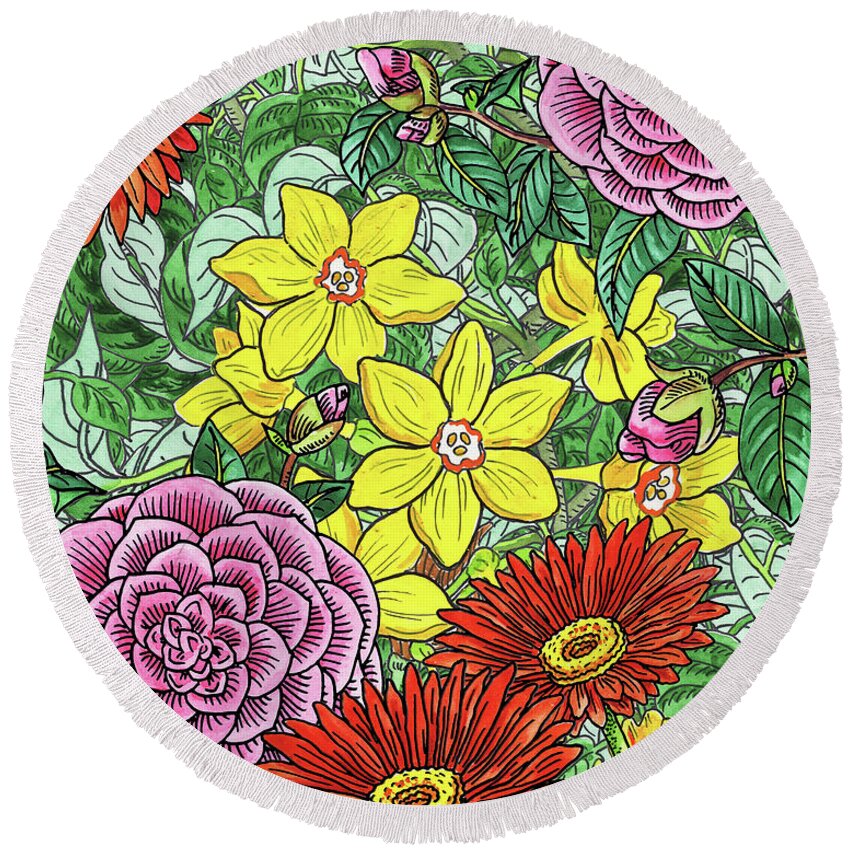 Botanical Round Beach Towel featuring the painting Botanical Watercolor Flowers Garden Flowerbed I by Irina Sztukowski