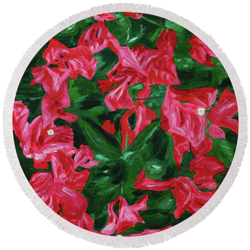 Bougainvilleas Round Beach Towel featuring the painting Bougainvilleas by Aicy Karbstein