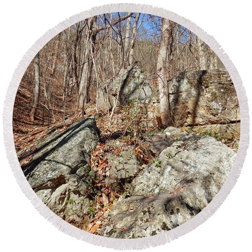 House Mountain Round Beach Towel featuring the photograph Boulders Along The Trail by Phil Perkins
