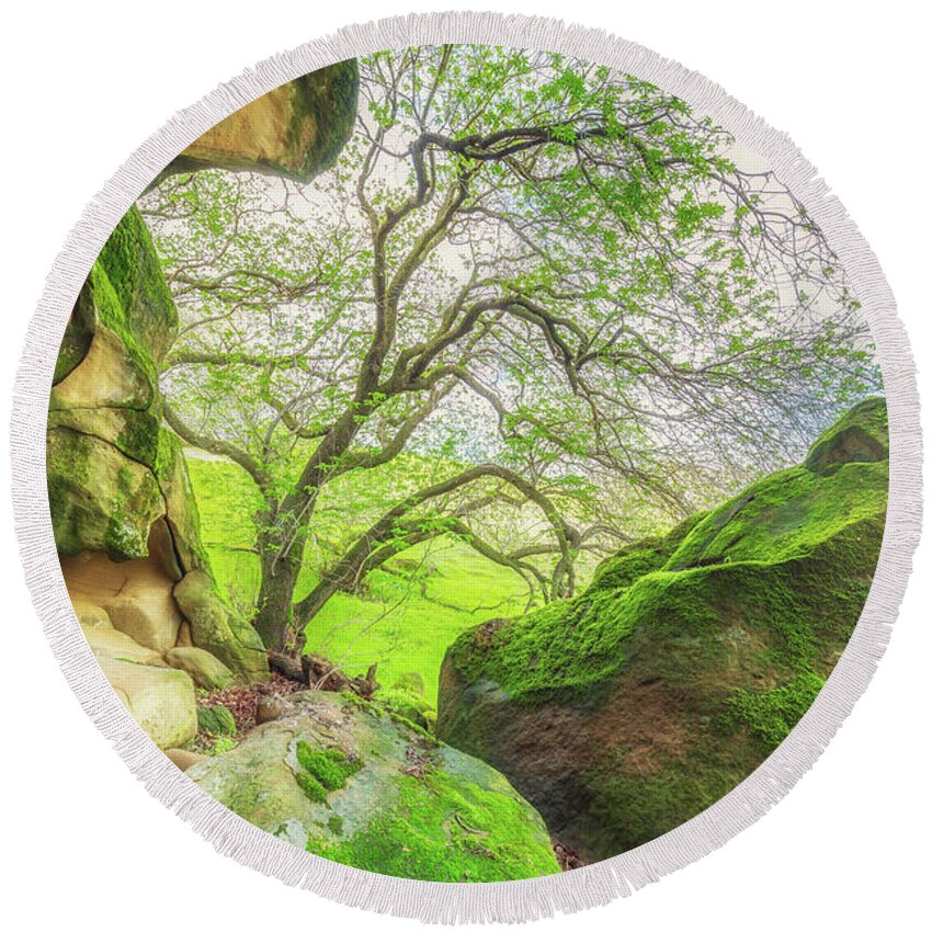 Landscape Round Beach Towel featuring the photograph Boulders and Trees at Vasco Caves by Marc Crumpler