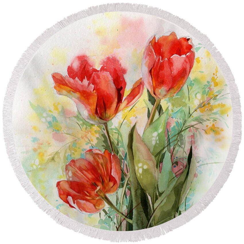 Russian Artists New Wave Round Beach Towel featuring the painting Bouquet of Red Tulips by Ina Petrashkevich