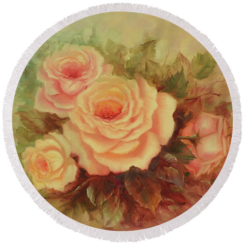 Roses Round Beach Towel featuring the painting Cluster of Soft Pink Roses. by Lynne Pittard