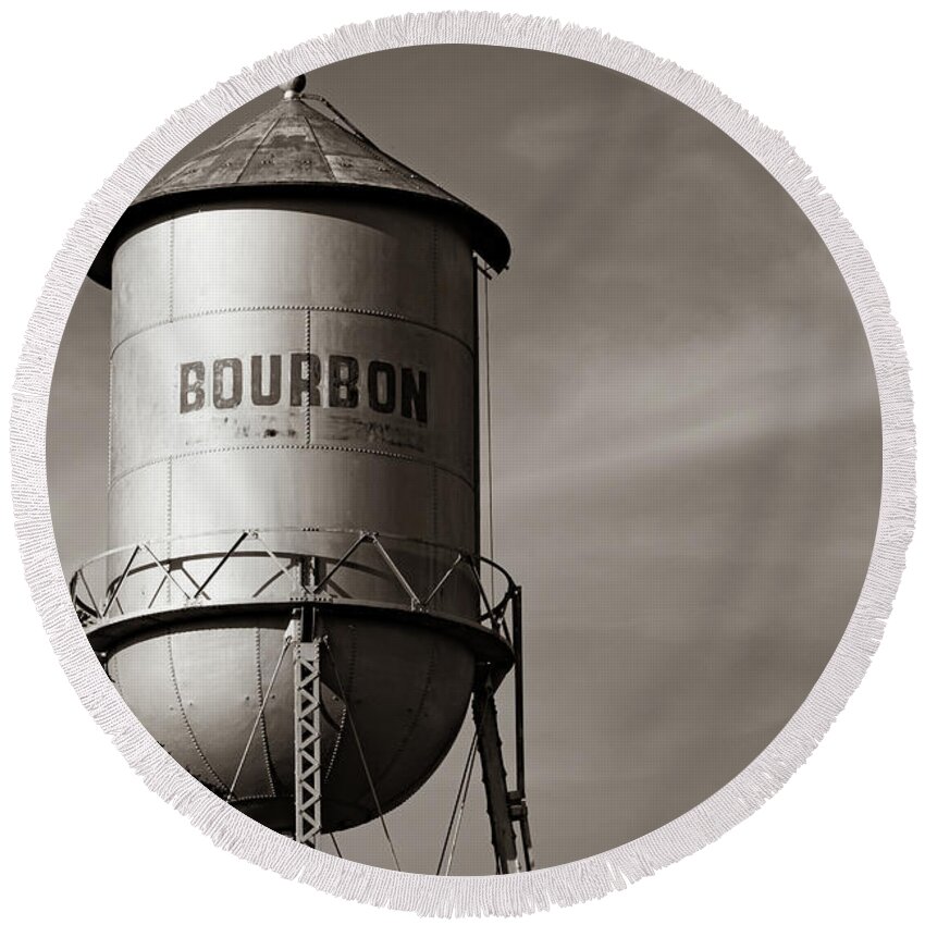 America Round Beach Towel featuring the photograph Bourbon Sepia Water Tower Tank - Sepia Missouri Rt 66 by Gregory Ballos