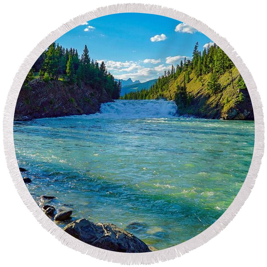 Mountain Round Beach Towel featuring the photograph Bow River in Banff by Susan Rydberg