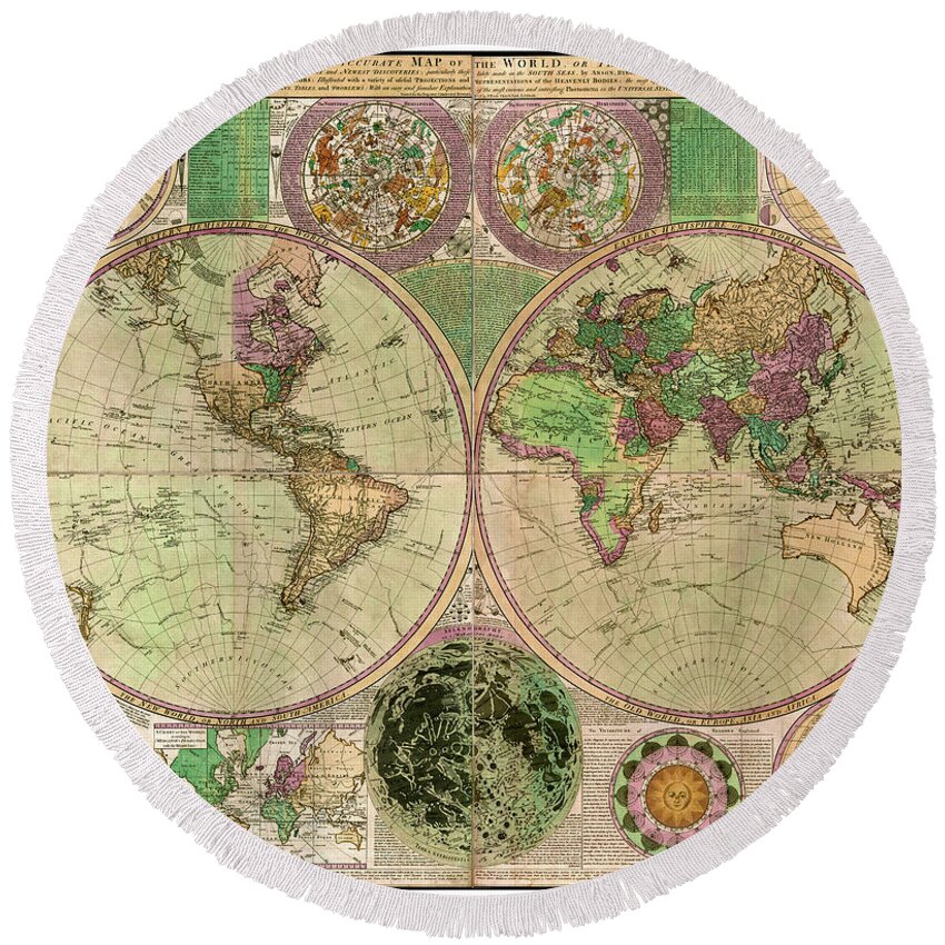 Classical Maps Round Beach Towel featuring the painting BOWLES New and Accurate Map of the World by Dialing by Rolando Burbon