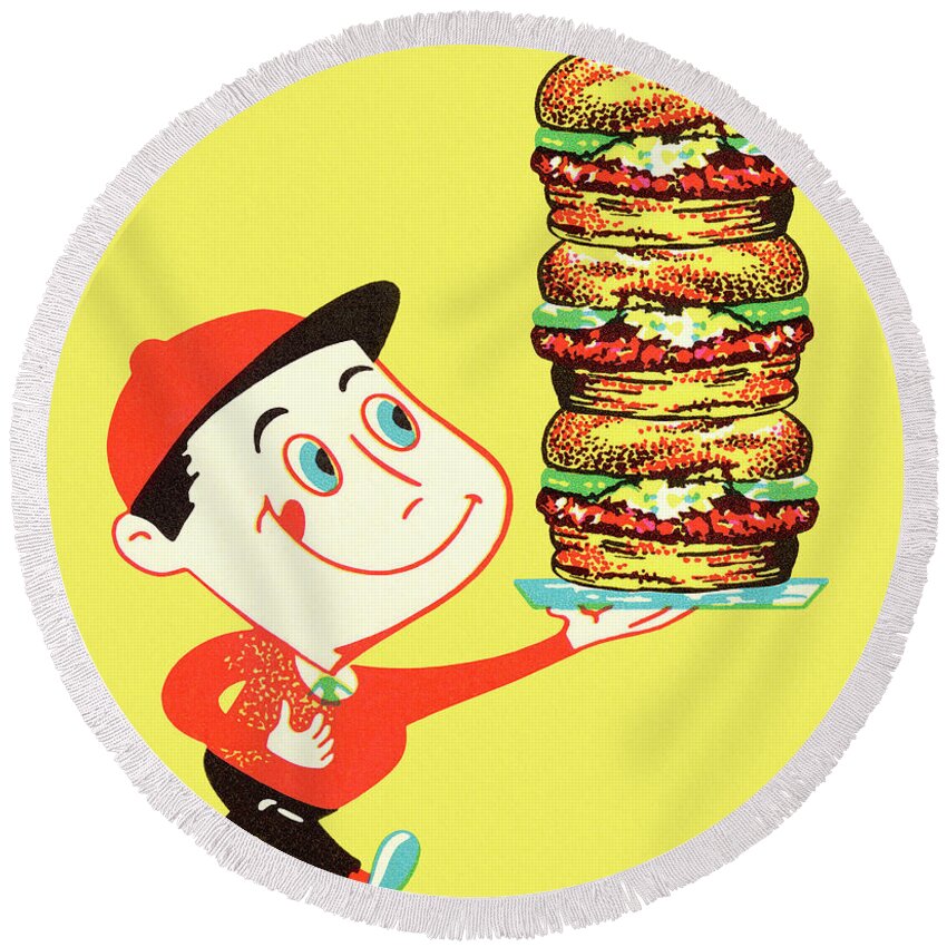 Accessories Round Beach Towel featuring the drawing Boy Holding Stack of Hamburgers by CSA Images