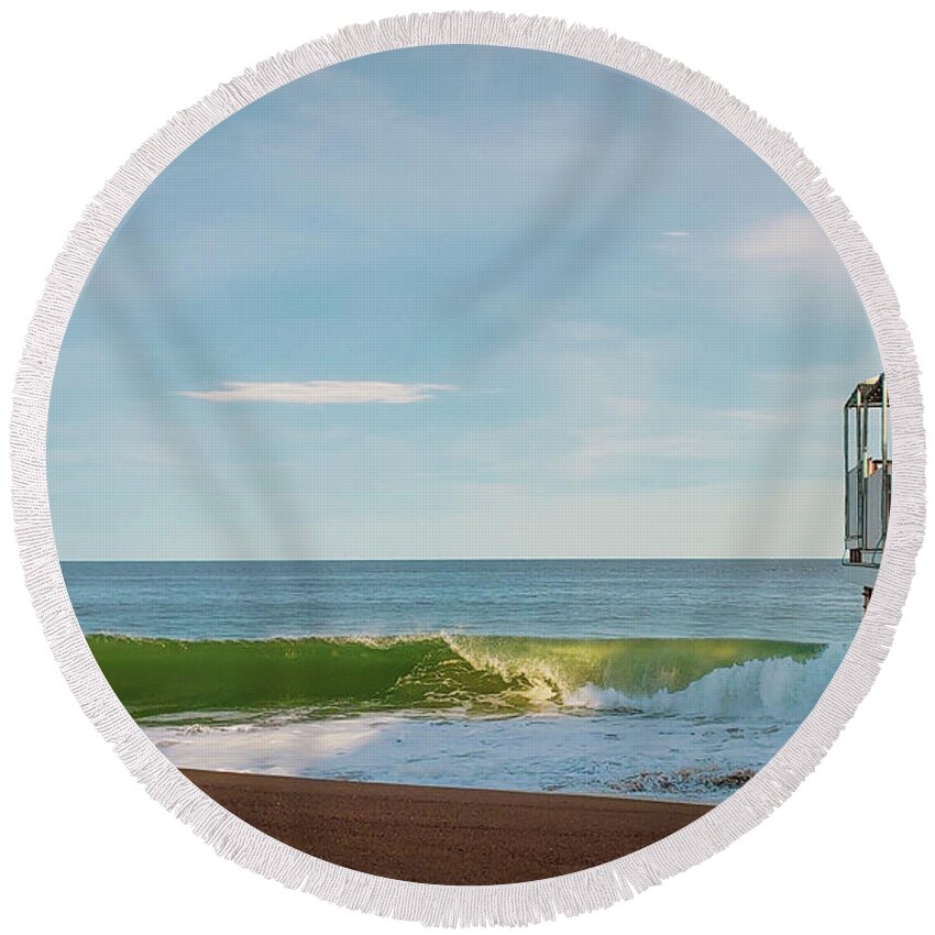 Waves Round Beach Towel featuring the photograph Breaking Waves on Pavilion with Palm Tree by Mary Capriole