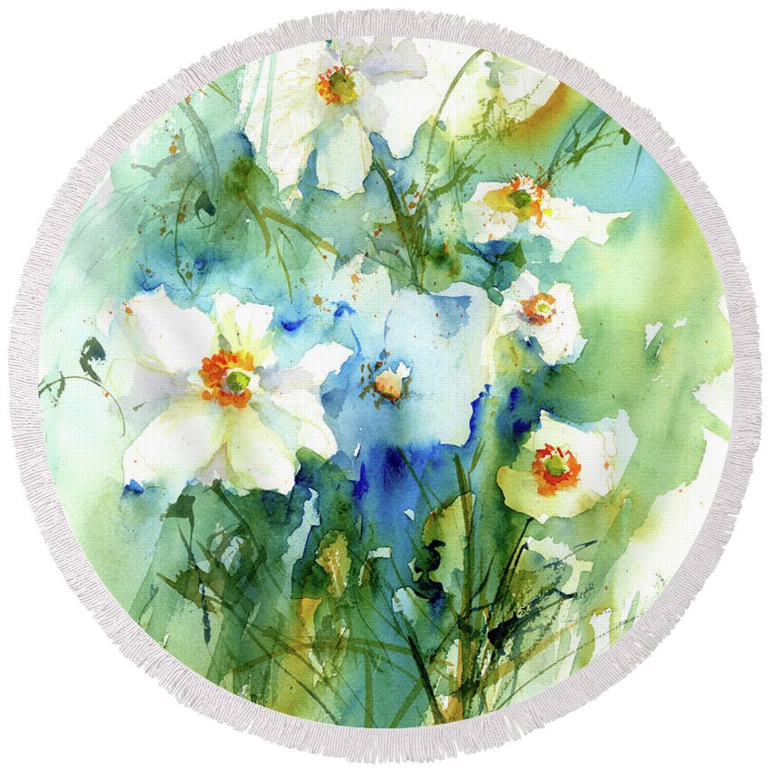 Florals Round Beach Towel featuring the painting Breezy Anemones by Christy Lemp