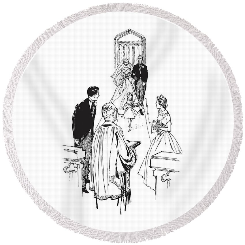Admire Round Beach Towel featuring the drawing Bride and Groom Approaching the Altar by CSA Images