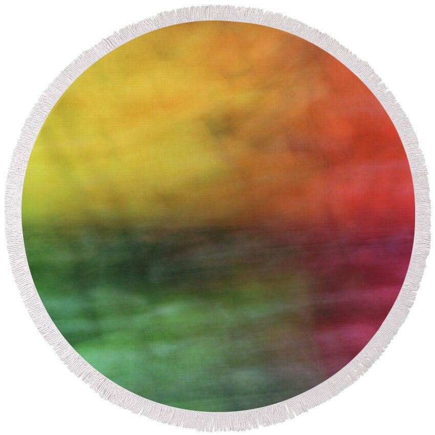 Abstract Round Beach Towel featuring the photograph Bright abstract blurred color blocks of yellow, orange, red and green by Teri Virbickis