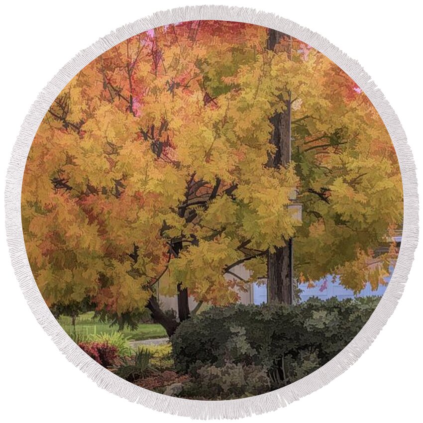 Autumn Round Beach Towel featuring the digital art Brilliant Fall Color Tree Yellows Oranges Seasons by Chuck Kuhn