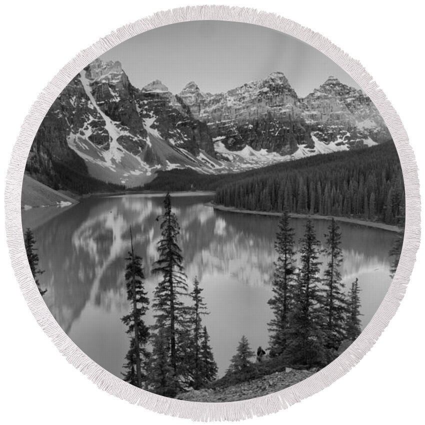 Moraine Lake Round Beach Towel featuring the photograph Brilliant Moraine Lake Sunrise Reflections 2019 Black And White by Adam Jewell