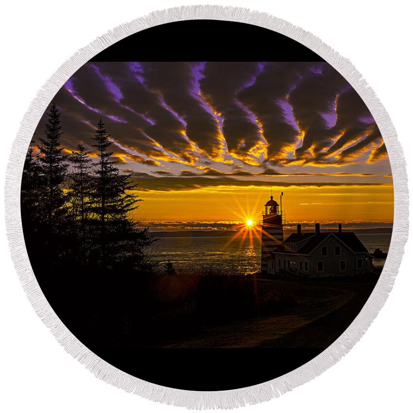 Sunrise Round Beach Towel featuring the photograph Brilliant Sunrise At West Quoddy by Marty Saccone