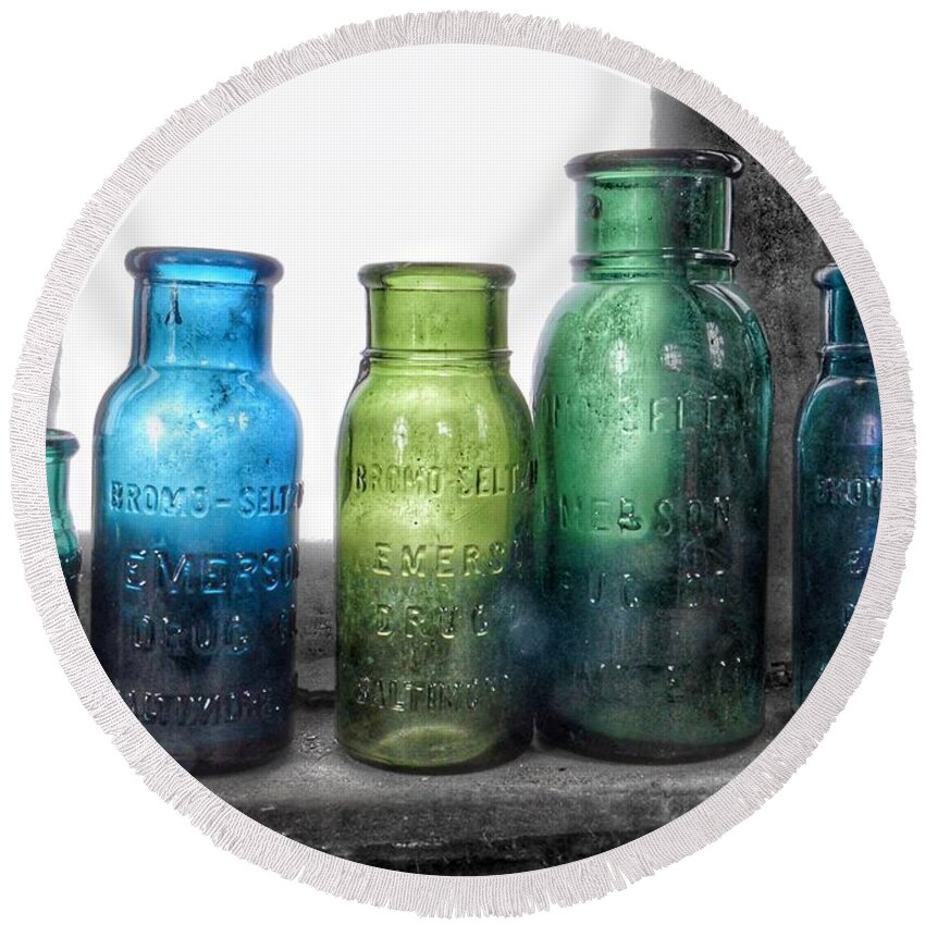 Bromo Seltzer Vintage Glass Bottles Round Beach Towel featuring the photograph Bromo Seltzer Vintage Glass Bottles Collection - Rare Green And Blue #8 by Marianna Mills