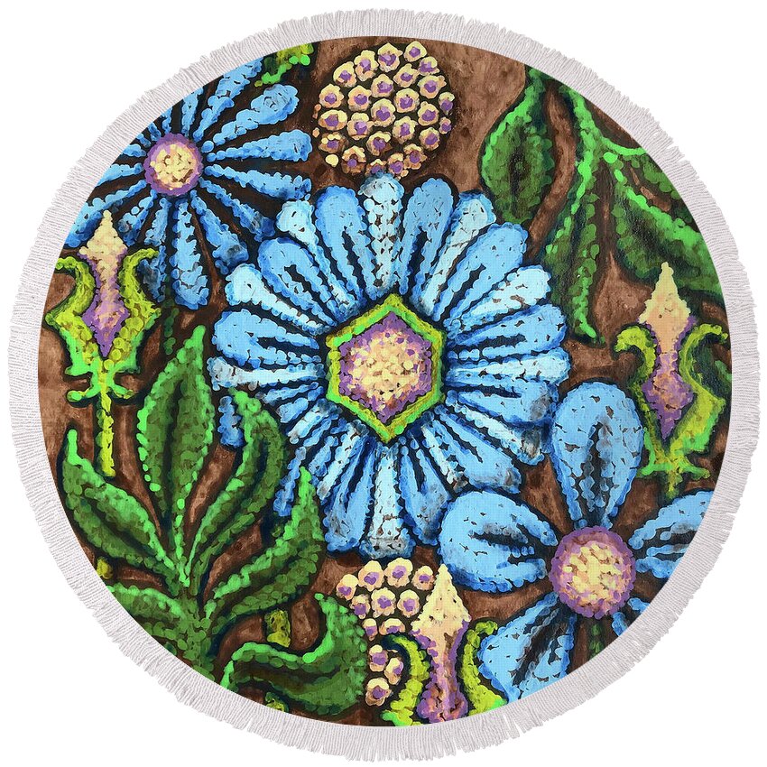Flower Round Beach Towel featuring the painting Brown and Blue Floral 1 by Amy E Fraser