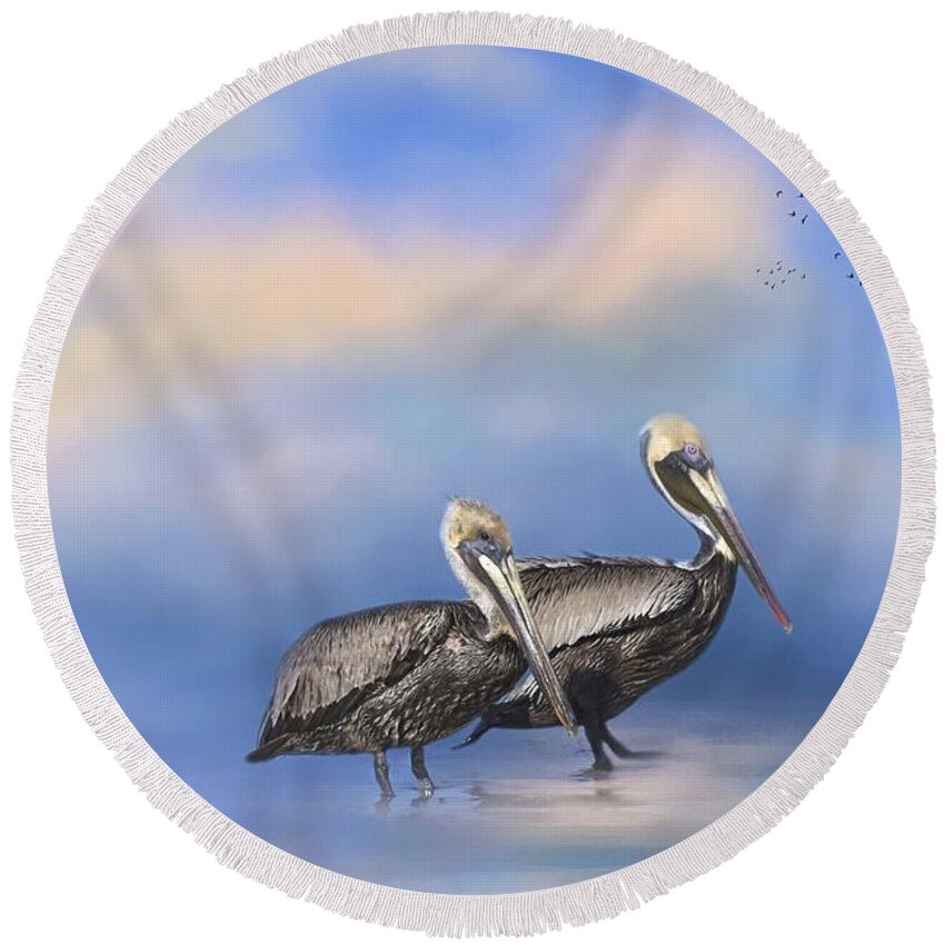 Pelican Round Beach Towel featuring the photograph Brown Pelicans at the Shore by Kim Hojnacki